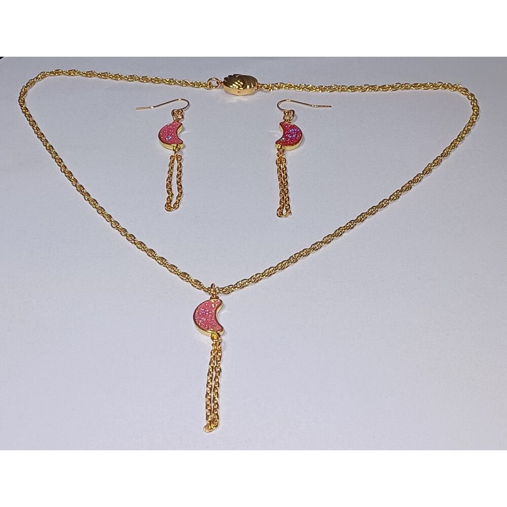 OOAK New Handmade Pink Druzy Moon earrings & necklace 18 in set Stocking stuffer